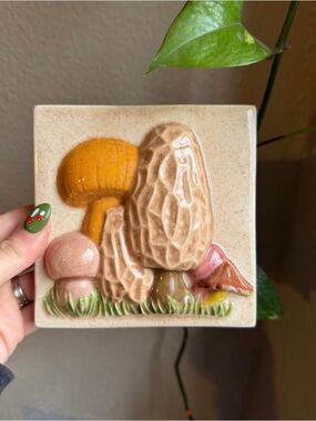 Vintage 70s Ceramic Mushroom Wall Tile Art in Tan and Yellow